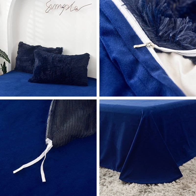 MorroMorn 5 PCS Shaggy Duvet Cover Bedding Set - Long Faux Fur Luxury Ultra Soft (Navy, Full/Queen) - Image 4